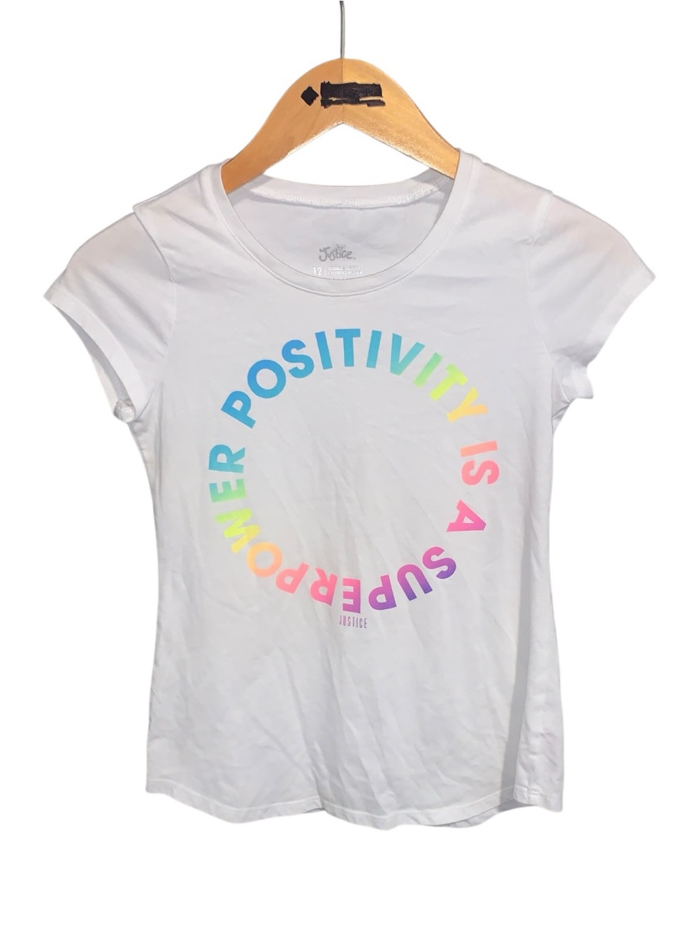 Justice White Girls' Rainbow 'Positivity' Graphic Tee Shirt Short Sleeve